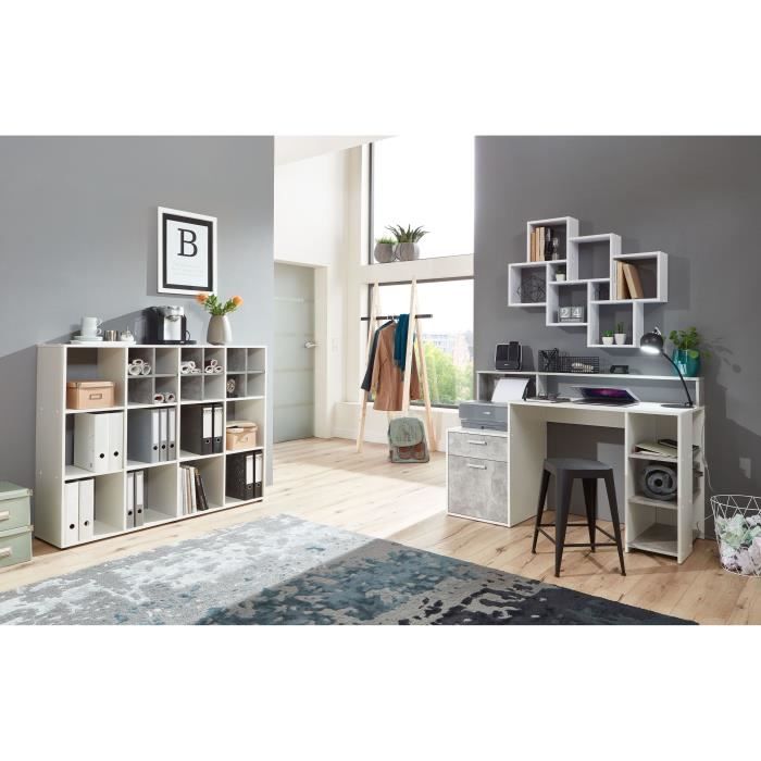 Bureau avec réhausse et rangements BOLTON - Mélamine blanc/gris béton - L138,5 x H91,6 x P53,5 cm