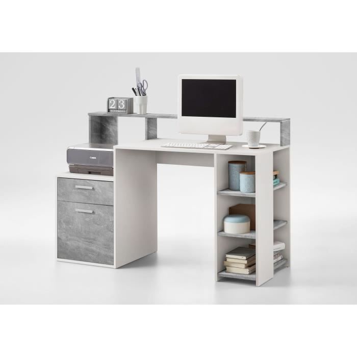 Bureau avec réhausse et rangements BOLTON - Mélamine blanc/gris béton - L138,5 x H91,6 x P53,5 cm