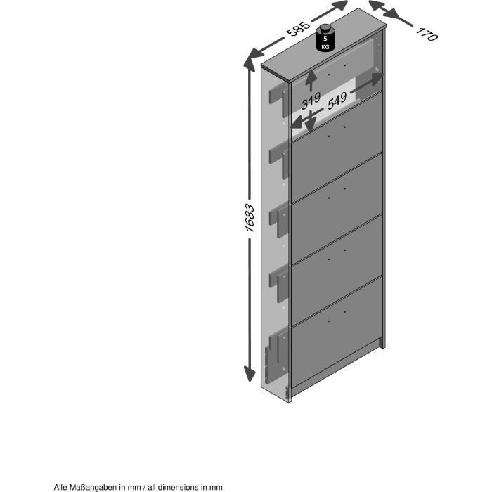 Meuble a chaussures - Blanc - 5 Abattants - 10 paires - L58,5 x H168,5 x P17 cm - Fabriqué en Allemagne