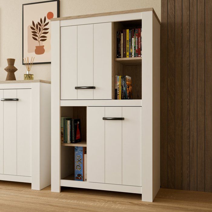 Buffet haut - ELARA - Chene / Blanc mat - 2 portes - 4 niches - 86,7 x 42,2 x 147,1 cm