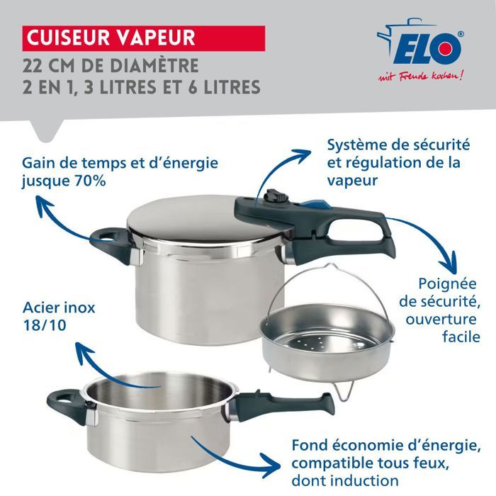 Autocuiseur vapeur - FACKELMANN - Elo Praktika Plus XL - Acier inoxydable 18/10 - 22 cm - 3 a 6 litres