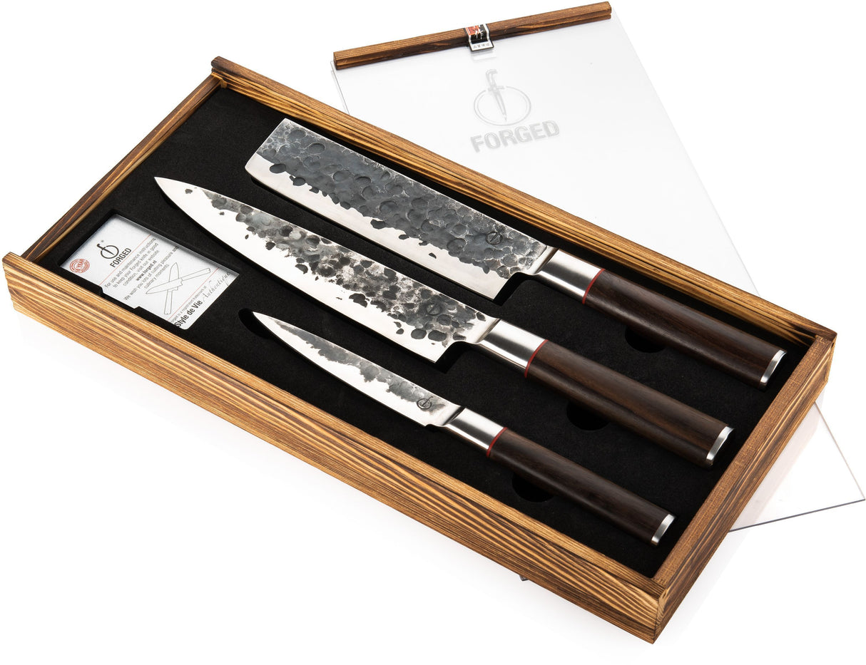 Set couteaux - FORGED - BRUTE - Acier Japonais 440c - Manche en bois Dalbergia - 3 pieces