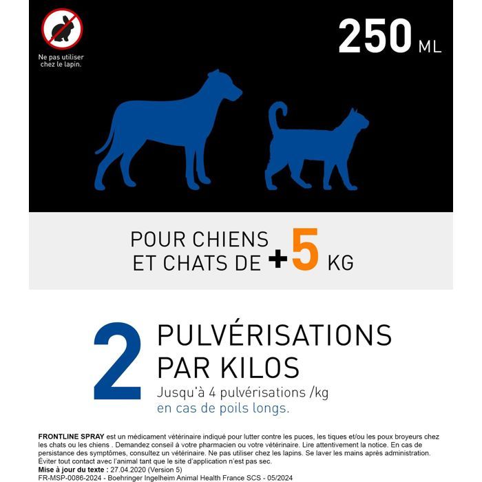 Frontline Spray - Anti-puces anti-tiques - Chat et chien +5kg - 250ml
