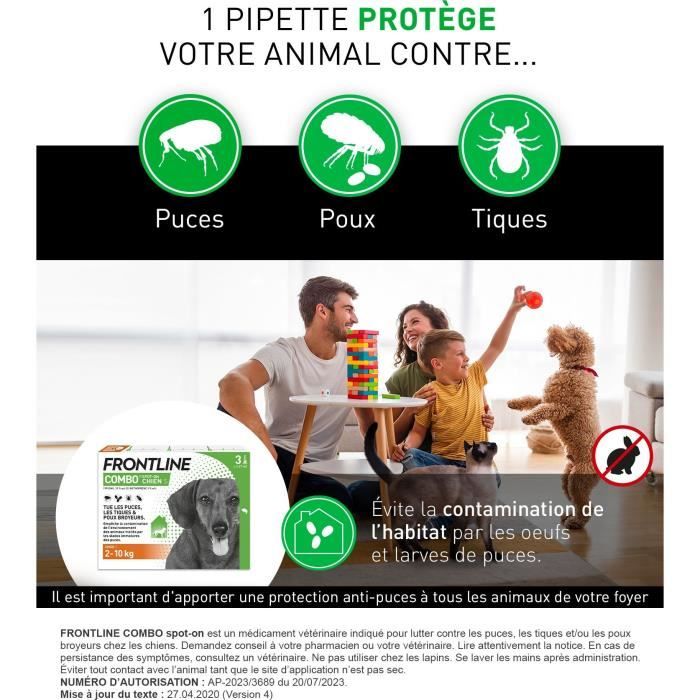 Frontline Combo chien - Anti-puces anti-tiques pour chien S - 2-10kg - 3 pipettes