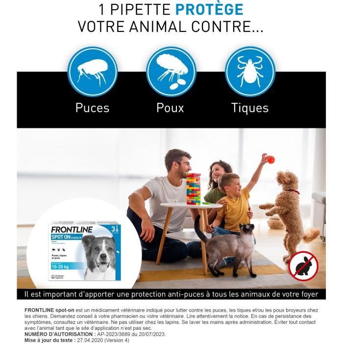 Frontline Spot On chien - Anti-puces anti-tiques pour chien M - 10-20kg - 3 pipettes