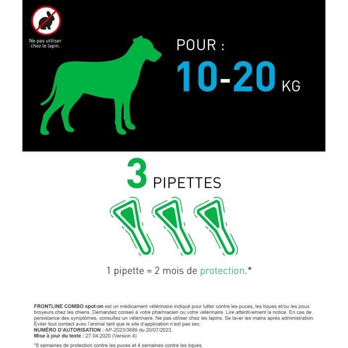 Frontline Combo chien - Anti-puces anti-tiques pour chien M - 10-20kg - 3 pipettes