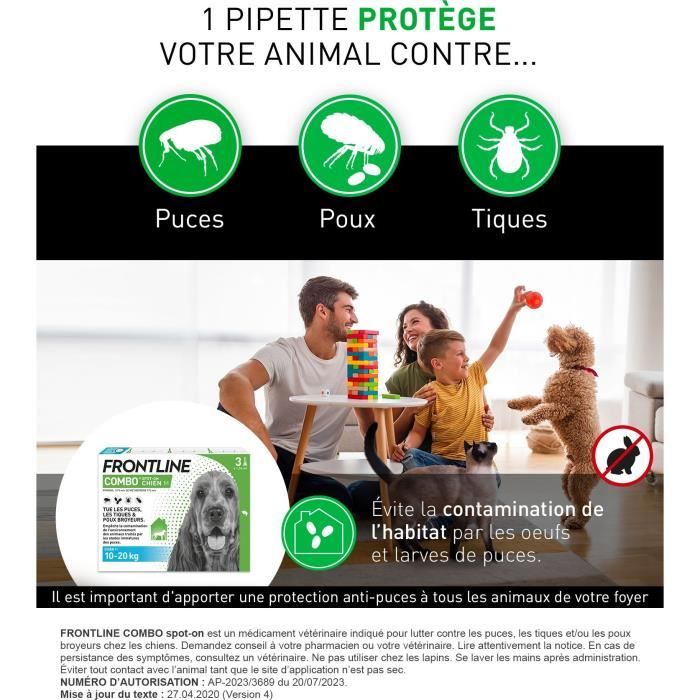 Frontline Combo chien - Anti-puces anti-tiques pour chien M - 10-20kg - 3 pipettes