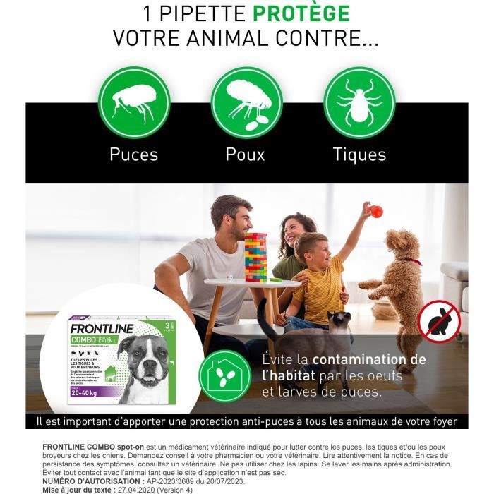 Frontline Combo chien - Anti-puces anti-tiques pour chien L - 20-40kg - 3 pipettes
