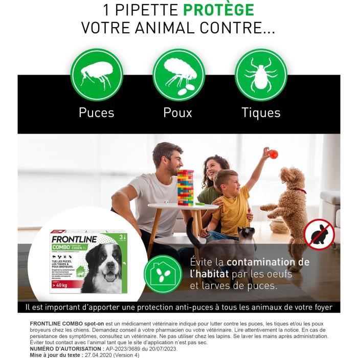 Frontline Combo chien - Anti-puces anti-tiques pour chien XL - 40-60kg - 3 pipettes