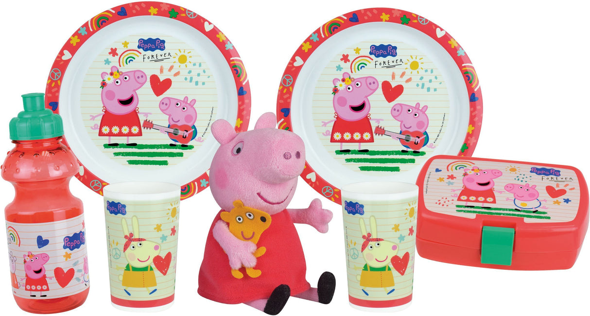 Lot vaisselle - FUN HOUSE - PEPPA PIG - 2 assiettes creuses Ø 22 cm, 2 verres 220 ml, gourde 350 ml, boîte a goûter et peluche 17 cm