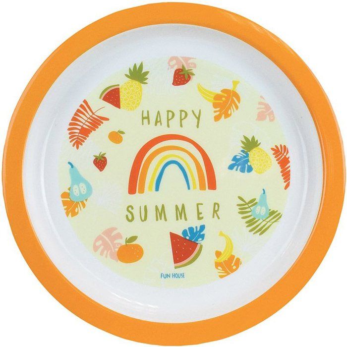 Lot vaisselle - FUN HOUSE - LES AMIS FRUITS - Verre, Assiette creuse Ø16 cm, Assiette plate Ø22 cm, Couverts, Peluche 27 cm