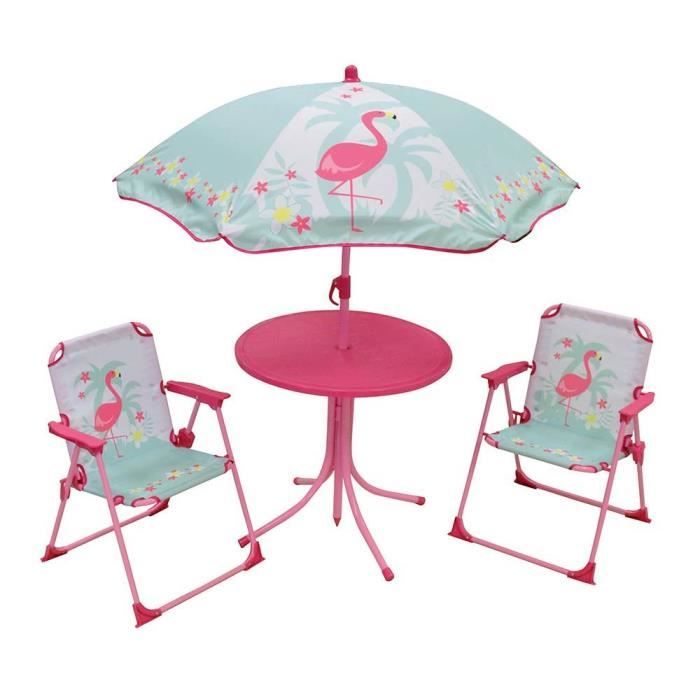 FUN HOUSE 713088 FLAMANT ROSE Salon de jardin avec une table, 2 chaises pliables et un parasol pour enfant