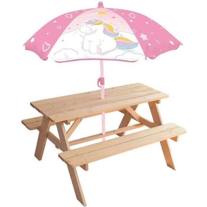 Table pique-nique Licorne en pin avec parasol - FUN HOUSE - H.53 x l.95 x P.75 cm - Pour enfant