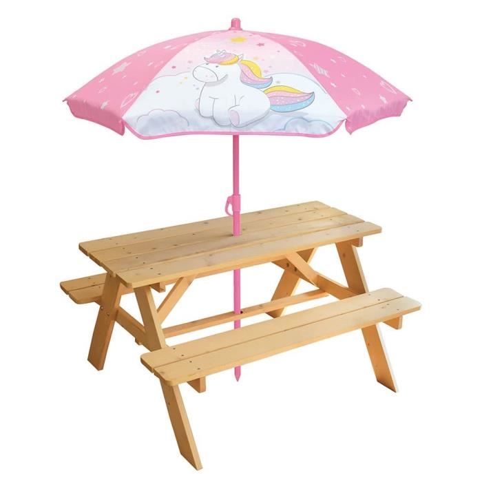 Table pique-nique Licorne en pin avec parasol - FUN HOUSE - H.53 x l.95 x P.75 cm - Pour enfant