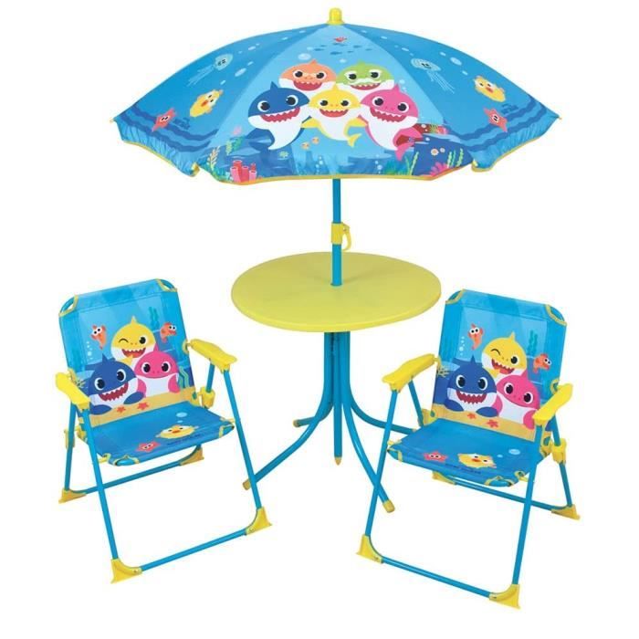 FUN HOUSE Baby Shark Salon de jardin - 1 table H.46x¯46 cm, 2 chaises H.53xl.38,5xP.37,5 cm et 1 parasol H.125 x ¯100 cm