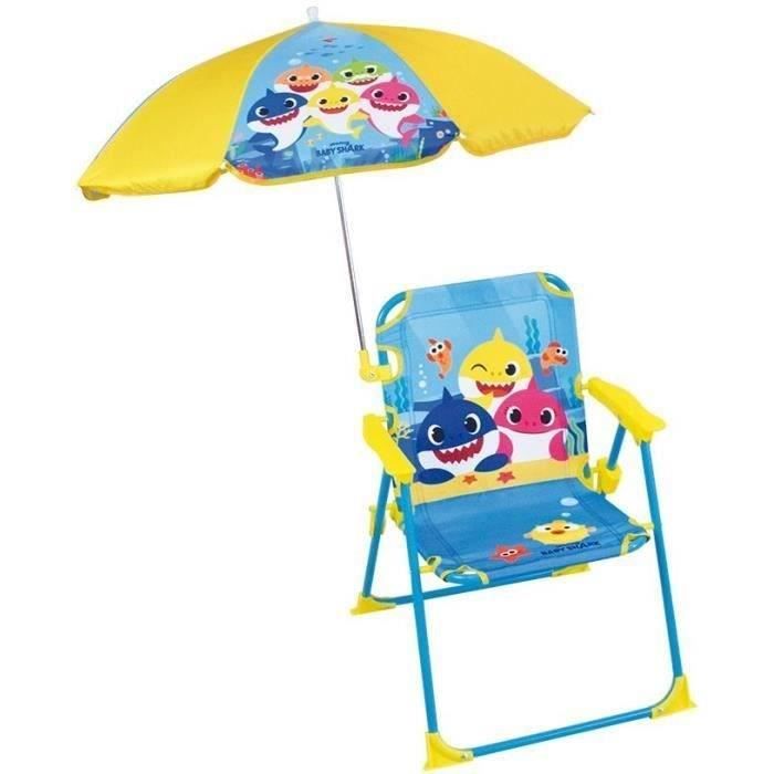 FUN HOUSE Baby Shark Chaise pliante camping avec parasol - H.38.5 xl.38.5 x P.37.5 cm + parasol ¯ 65 cm - Pour enfant
