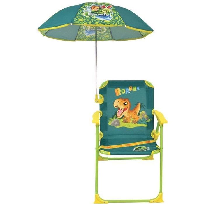 FUN HOUSE JURASSIC WORLD Chaise pliante de camping dinosaures - H.38.5 xl.38.5 x P.37.5 cm - Avec un parasol ¯ 65 cm - Pour enfant