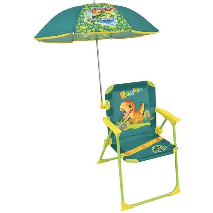 FUN HOUSE JURASSIC WORLD Chaise pliante de camping dinosaures - H.38.5 xl.38.5 x P.37.5 cm - Avec un parasol ¯ 65 cm - Pour enfant