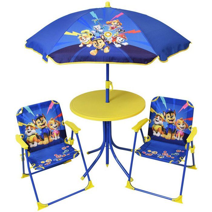 Salon de jardin FUN HOUSE PAT'PATROUILLE - 1 table 46 x Ř46 cm, 2 chaises 53 x L.38,5 x P.37,5 cm et 1 parasol H.125 x Ř100 cm
