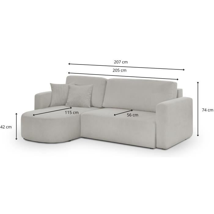 CanapÈ d'angle convertible et rÈversible 3 places GALET - Velours cÙtelÈ gris - Coffre de rangement - L238 x P154 x H86 cm