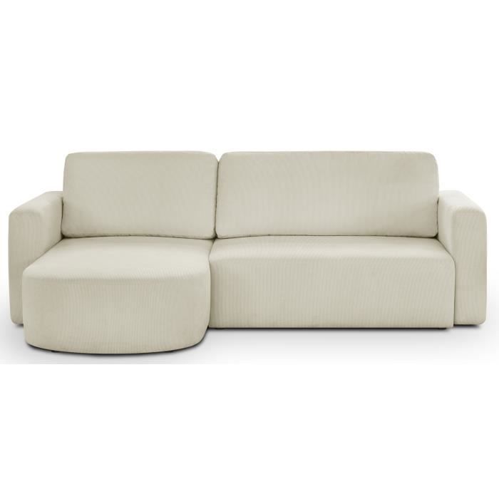 CanapÈ d'angle convertible et rÈversible 3 places GALET - Velours cÙtelÈ beige - Coffre de rangement - L238 x P154 x H86 cm