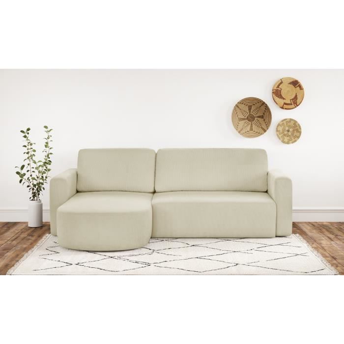 CanapÈ d'angle convertible et rÈversible 3 places GALET - Velours cÙtelÈ beige - Coffre de rangement - L238 x P154 x H86 cm