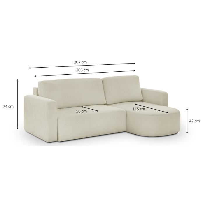 CanapÈ d'angle convertible et rÈversible 3 places GALET - Velours cÙtelÈ beige - Coffre de rangement - L238 x P154 x H86 cm