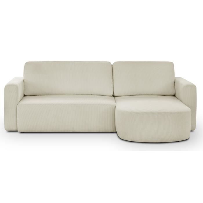 CanapÈ d'angle convertible et rÈversible 3 places GALET - Velours cÙtelÈ beige - Coffre de rangement - L238 x P154 x H86 cm