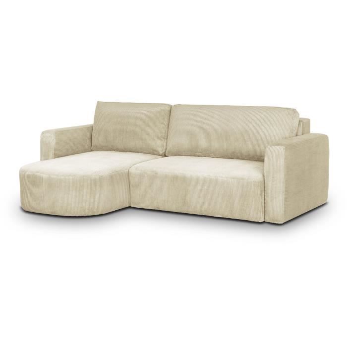 CanapÈ d'angle convertible et rÈversible - 3 places - GALET - Velours cotelÈ beige - Coffre - 238 x 95 / 154 x 86 cm