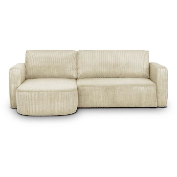 CanapÈ d'angle convertible et rÈversible - 3 places - GALET - Velours cotelÈ beige - Coffre - 238 x 95 / 154 x 86 cm