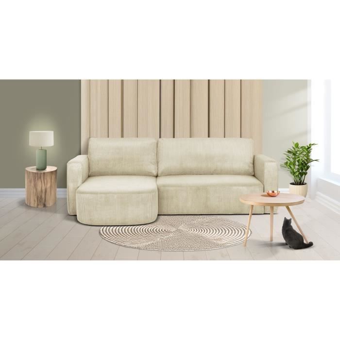 CanapÈ d'angle convertible et rÈversible - 3 places - GALET - Velours cotelÈ beige - Coffre - 238 x 95 / 154 x 86 cm