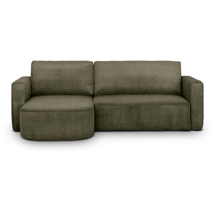 CanapÈ d'angle convertible et rÈversible - 3 places - GALET - Velours cotelÈ vert kaki - Coffre - 238 x 95 / 154 x 86 cm