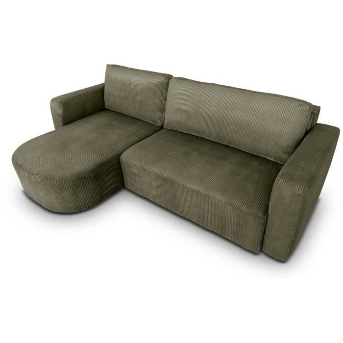 CanapÈ d'angle convertible et rÈversible - 3 places - GALET - Velours cotelÈ vert kaki - Coffre - 238 x 95 / 154 x 86 cm