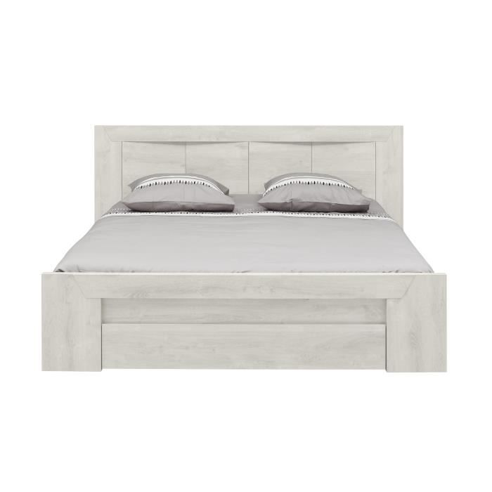 Lit adulte EDEN 160X200 cm - Bois et chene blanchi - 1 tiroir + 6 niches - Tete de lit incluse - GAMI