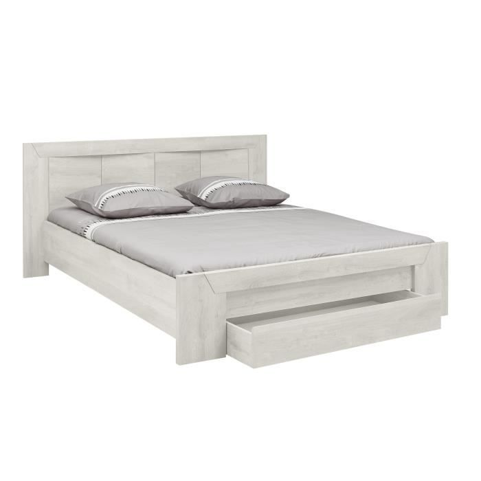 Lit adulte EDEN 160X200 cm - Bois et chene blanchi - 1 tiroir + 6 niches - Tete de lit incluse - GAMI