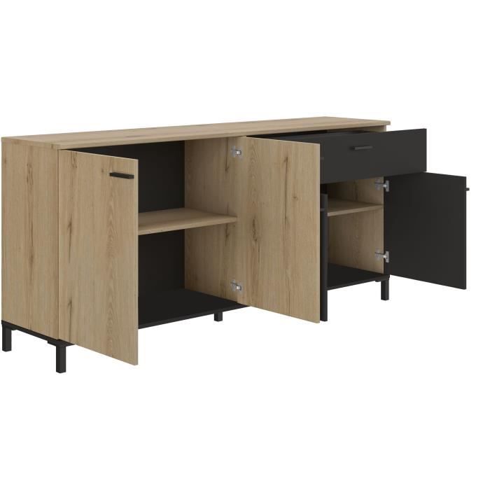 Buffet L180 x P40 x H81 cm - TRUST - Chene / Noir - 4 portes - 1 tiroir - GAMI