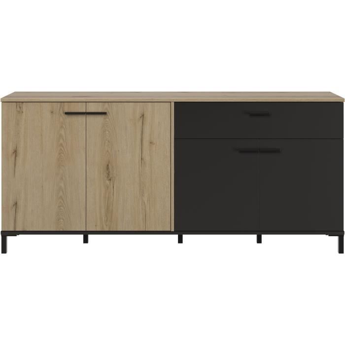 Buffet L180 x P40 x H81 cm - TRUST - Chene / Noir - 4 portes - 1 tiroir - GAMI