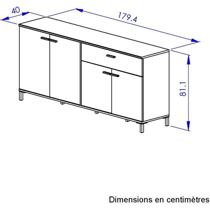 Buffet L180 x P40 x H81 cm - TRUST - Chene / Noir - 4 portes - 1 tiroir - GAMI