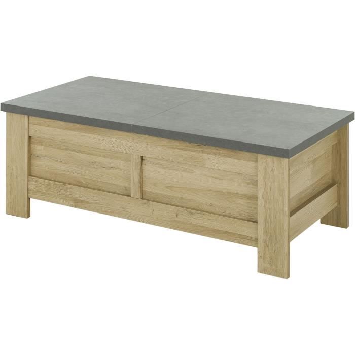 Table basse - Broceliande - Rectangulaire - Aspect minéral et chene clair - Plateaux coulissants - L 137 x P 70 x H 49 cm - Gami