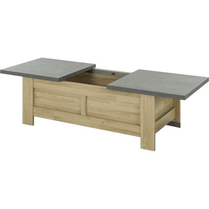 Table basse - Broceliande - Rectangulaire - Aspect minéral et chene clair - Plateaux coulissants - L 137 x P 70 x H 49 cm - Gami
