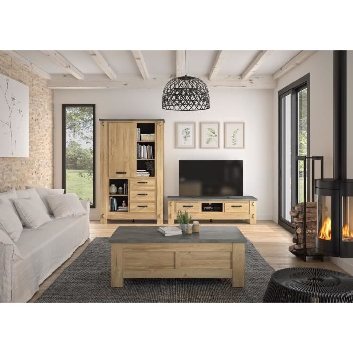 Table basse - Broceliande - Rectangulaire - Aspect minéral et chene clair - Plateaux coulissants - L 137 x P 70 x H 49 cm - Gami