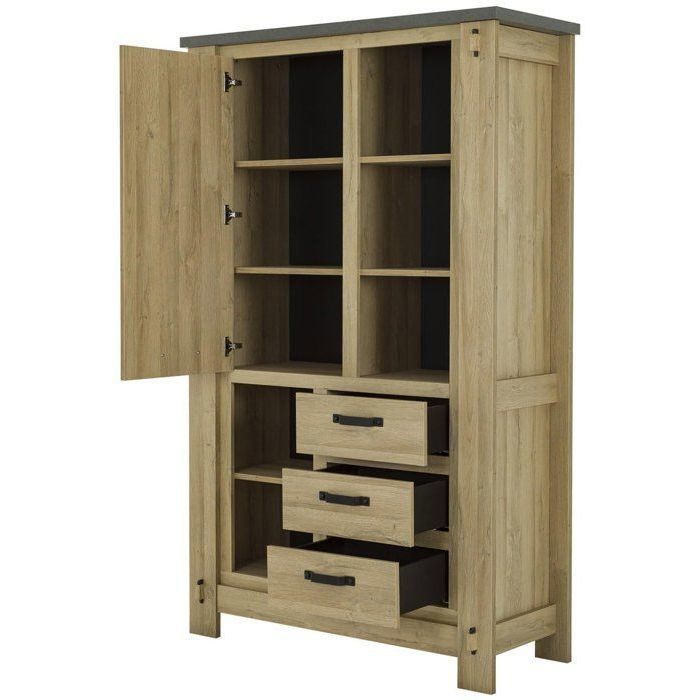 Buffet Haut BROCELIANDE – Finition Chene Clair – 1 Porte + 3 Tiroirs – 124 × 50 × 202 cm – GAMI