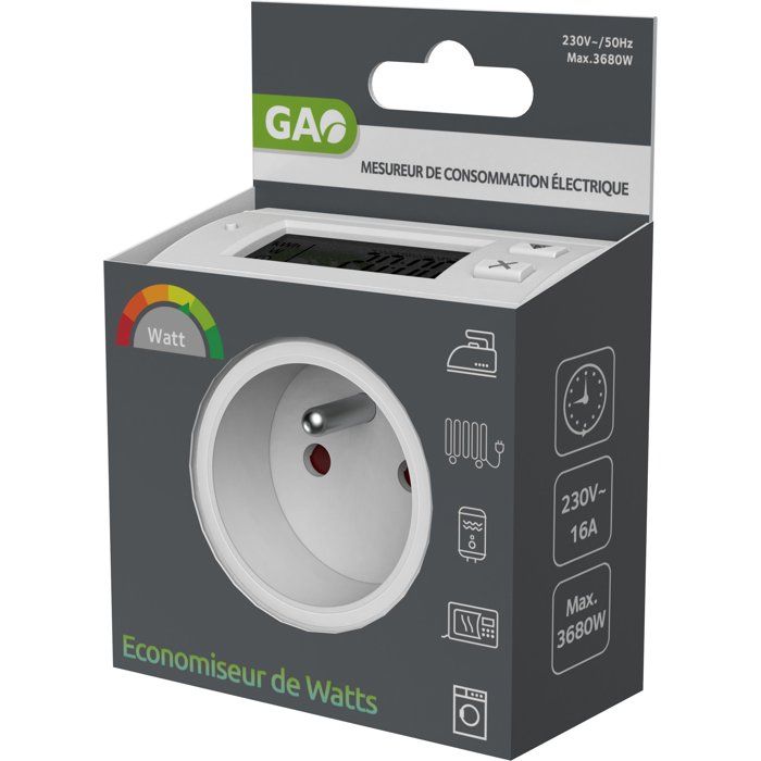 Contrôleur de consommation - GAO - Mesure W/kWh/durée - Détection des 4W - Disjoncteur intégré - 16A 3680W