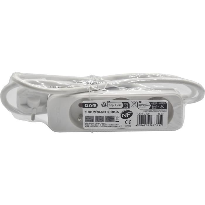Bloc ménager - GAO - 3 prises 2P+T - Avec protection enfants, conforme NF