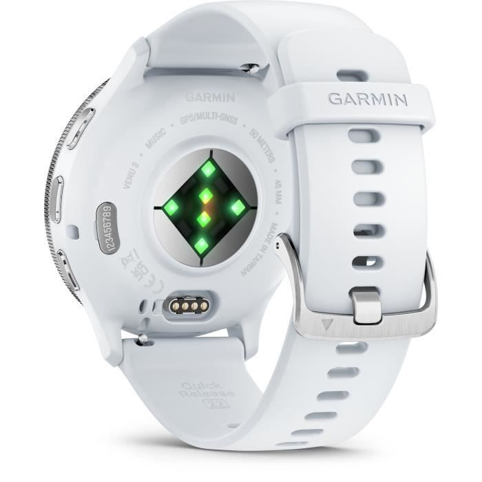 Montre GPS connectÈe - GARMIN - Venu 3 - WiFi - 35,4 mm (1,4) - Acier Silver, boÓtier blanc et bracelet en silicone blanc