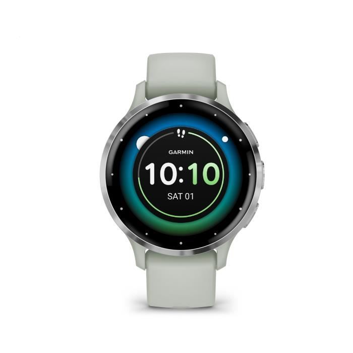 Montre GPS connectÈe - GARMIN - Venu 3S - 30,4mm (1,2) - Acier Silver, boÓtier vert sauge et bracelet en silicone vert sauge