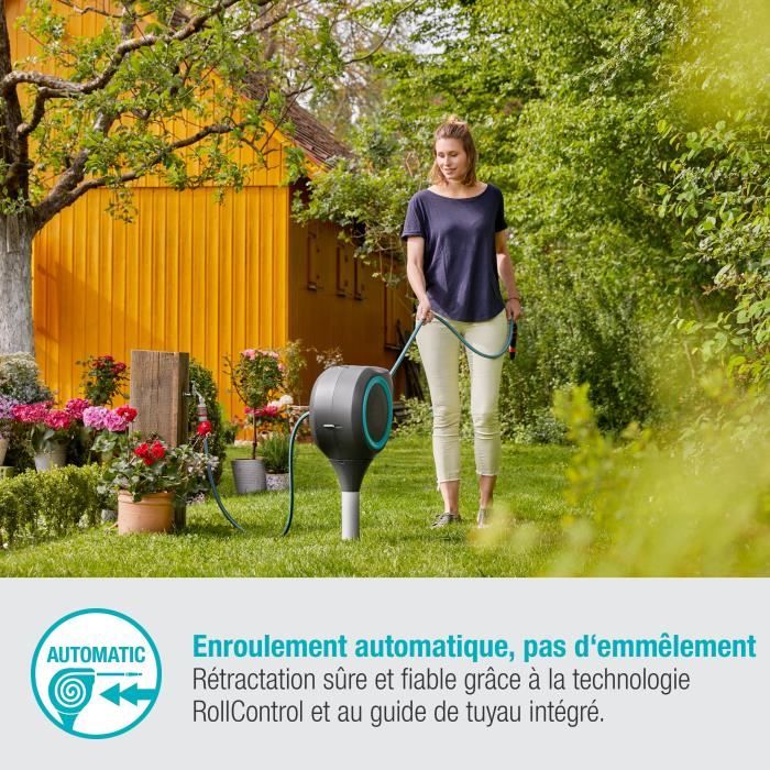 Dévidoir automatique sur pic RollUp S 15 m - GARDENA - Liseret bleu - Enroulement automatique du tuyau
