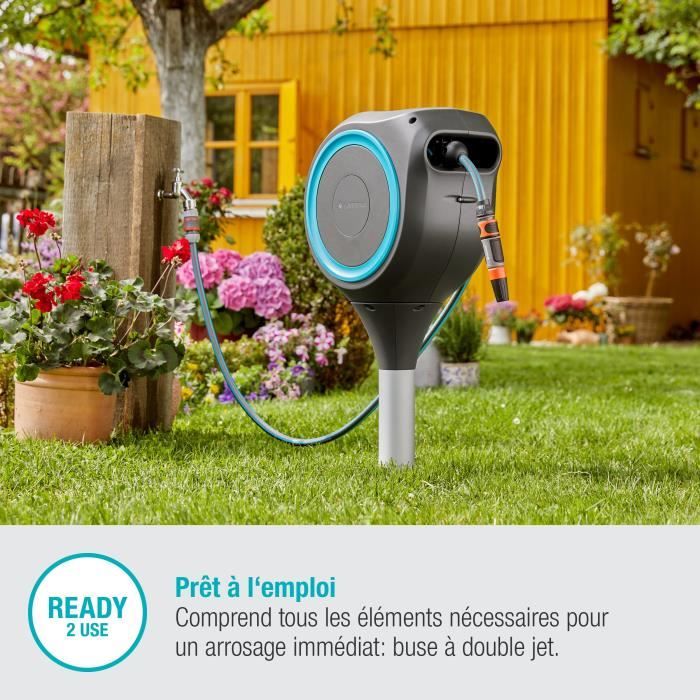 Dévidoir automatique sur pic GARDENA RollUp M liseret bleu - Longueur 20m - Ř11mm - Kit complet