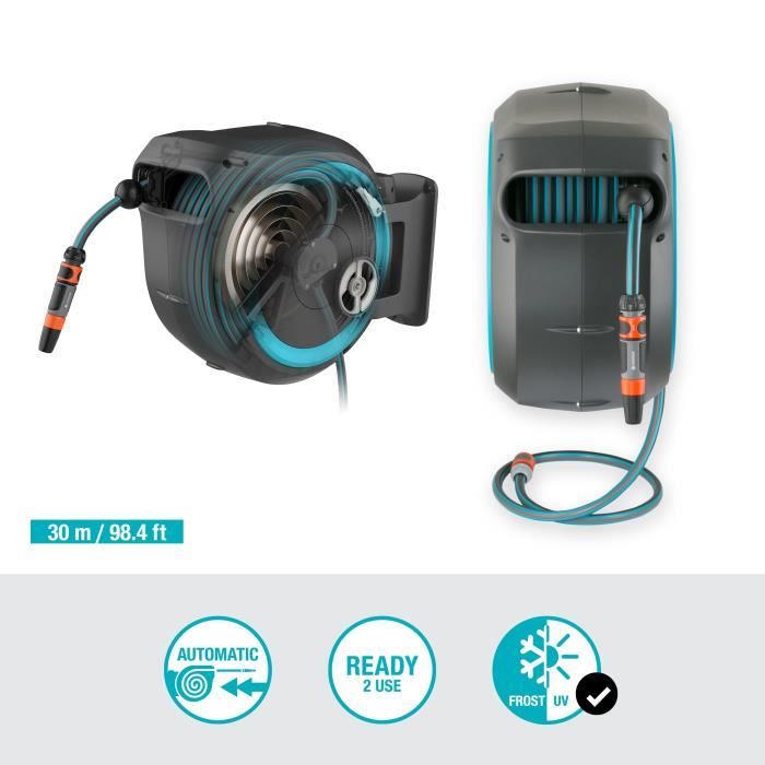Dévidoir automatique mural RollUp L GARDENA - Longueur 30m - Ø13mm - Kit complet - Garantie 5 ans