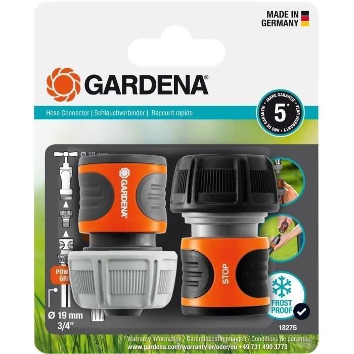 GARDENA raccords rapide et Aquastop Ø19 mmPour début et fin de tuyau Avec l'Original GARDENA SystemRésiste au get et UV